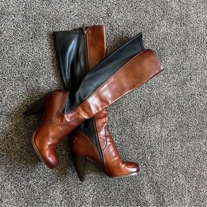 Frye Mikaela Stretch Zip Heeled Tall Boots in Redwood - sz 7